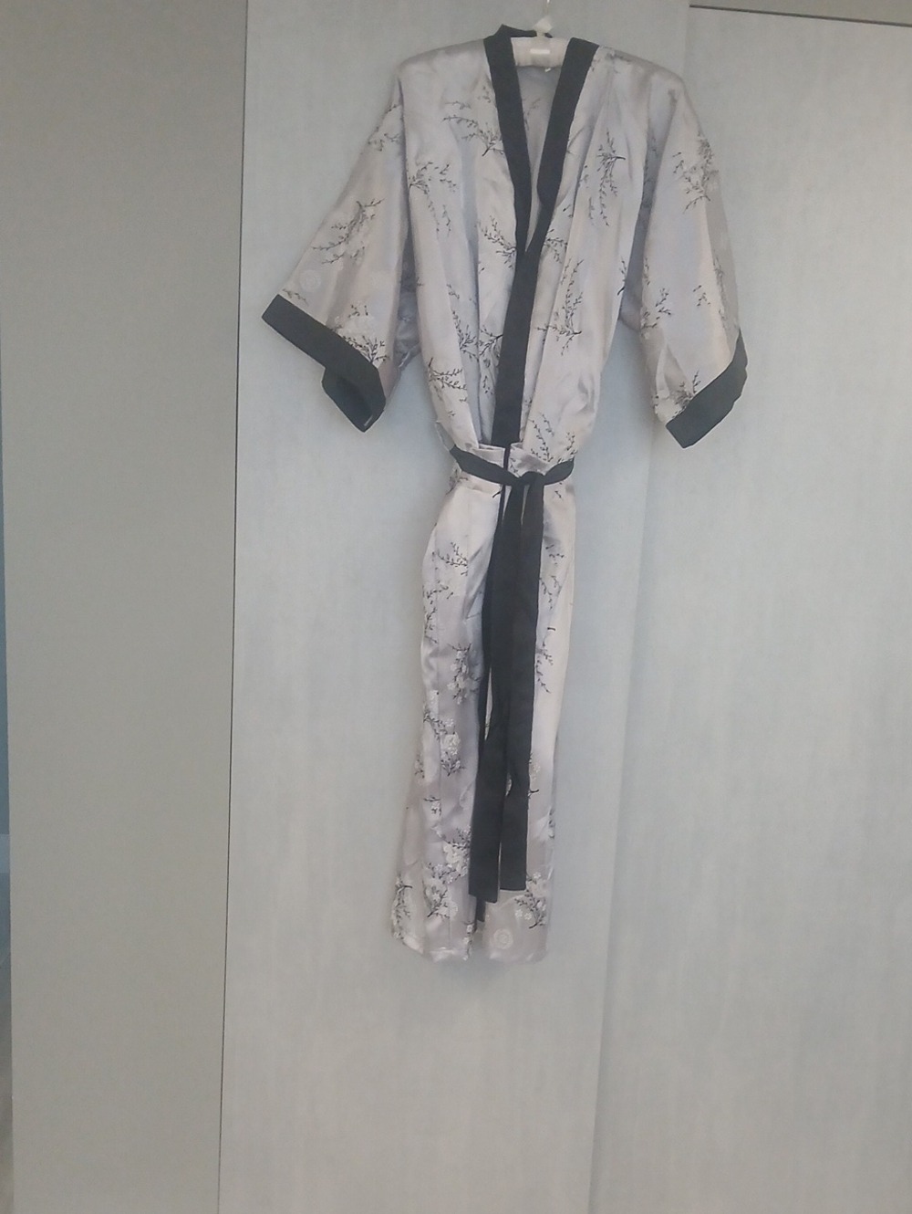 Silk-Feel Floral Kimono Robe with Black Trim